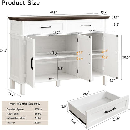 48 Inches Buffet Cabinet with Storage, Farmhouse Sideboard Buffet w/2 Drawers - Image 2