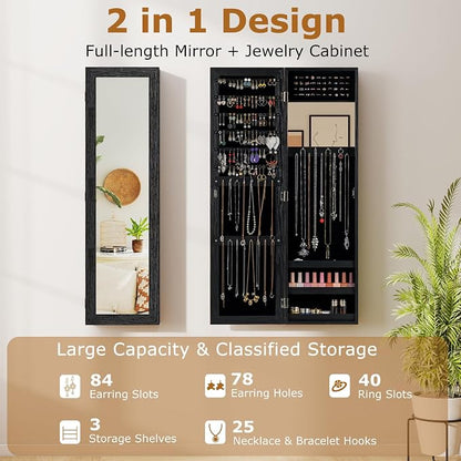 COSTWAY Full Length Mirror Jewelry Cabinet, Wall Door Mounted Jewelry Organizer - Image 3