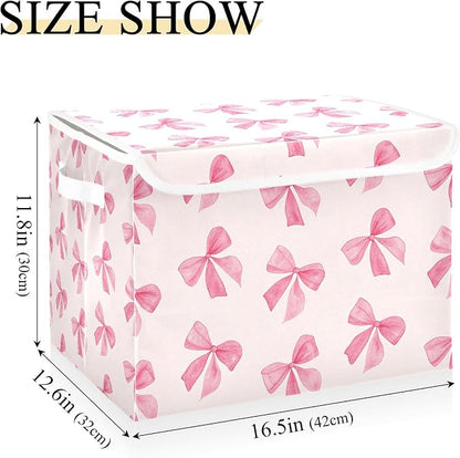 Pink Bow Storage Bins with Lids and Carrying Handle, Foldable Storage Boxes - Image 3