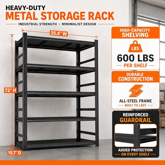 PRESTELION 72" H Garage Shelving, 3000 lbs Heavy Duty Metal Storage Shelves - Image 3