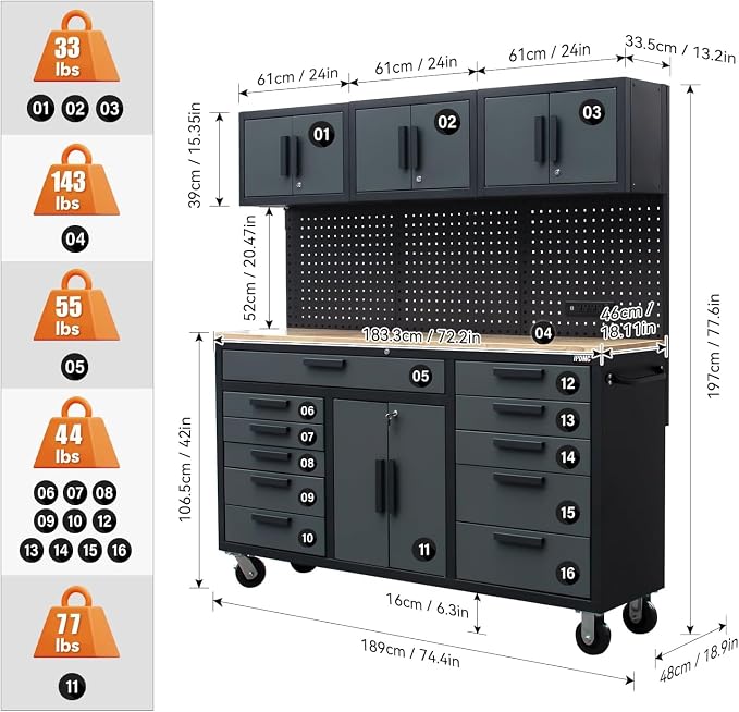 72in Rolling Tool Chest Cabinet Mobile Garage Workbench Heavy-Duty Tool Cabinet - Image 3