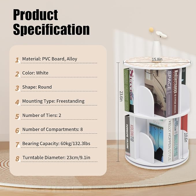 2 Tier Rotating Bookshelf Tower Spinning Bookshelf Revolving 360°Bookcase - Image 5