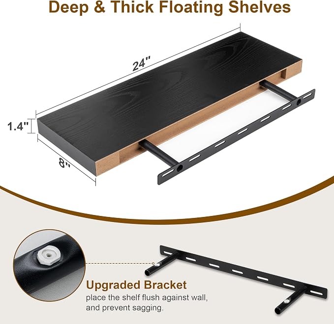 Fun Memories Rustic Black Floating Shelves 24 Inch Long, 8 Inch Deep Floating - Image 3