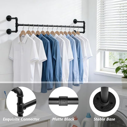 Industrial Pipe Clothing Rack, 53.1 Inch Wall Mounted Clothes Rack, - Image 2