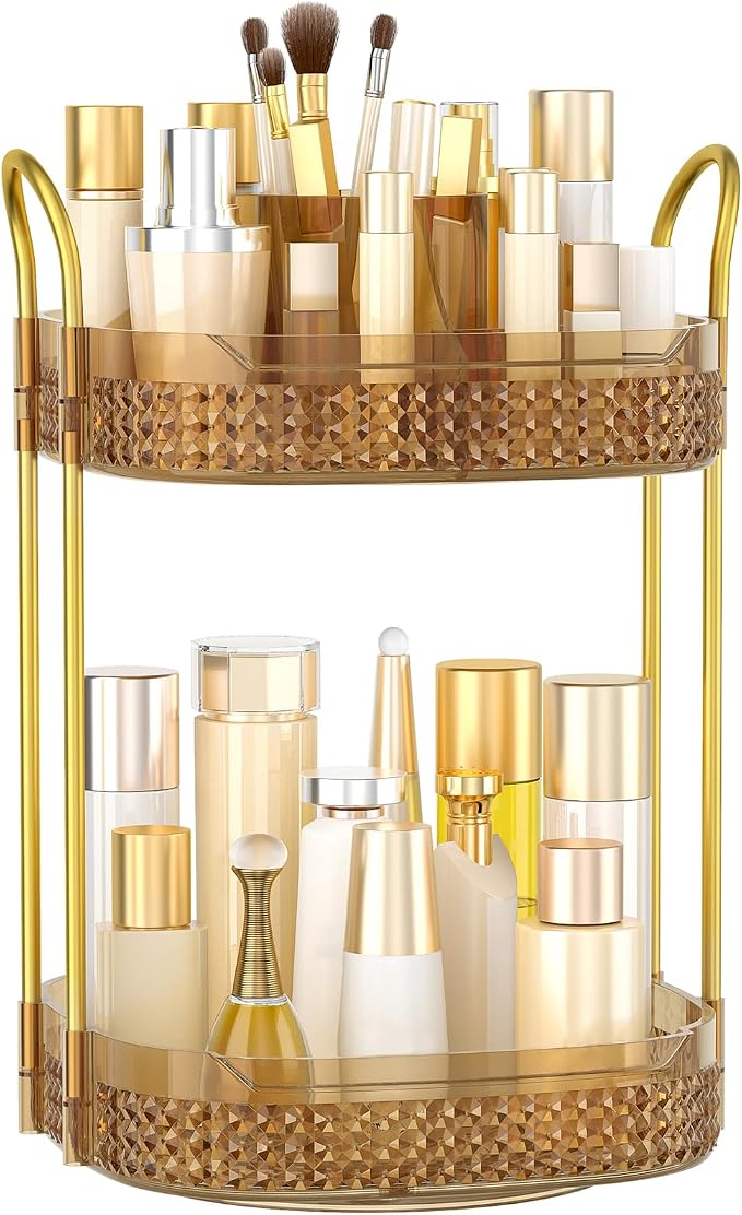 360° Rotating Makeup Organizer 2 Tier, Large Skincare Clear Make Up Storage by BOCONY