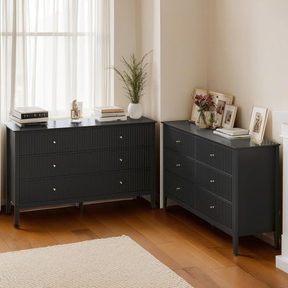RoyalCraft Black 6 Drawer Dresser Set of 2, Fluted Modern Wood Dresser by Bringyoubetterlife