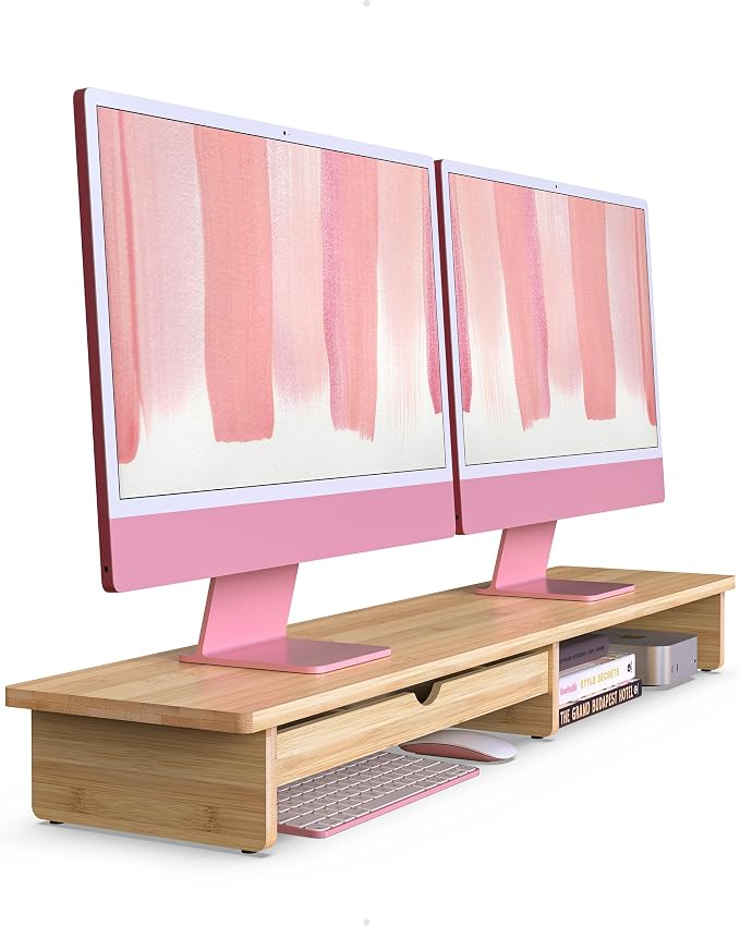 42” Monitor Stand with Large Drawer Keyboard Storage, Bamboo | Dual Computer by WELLWENG