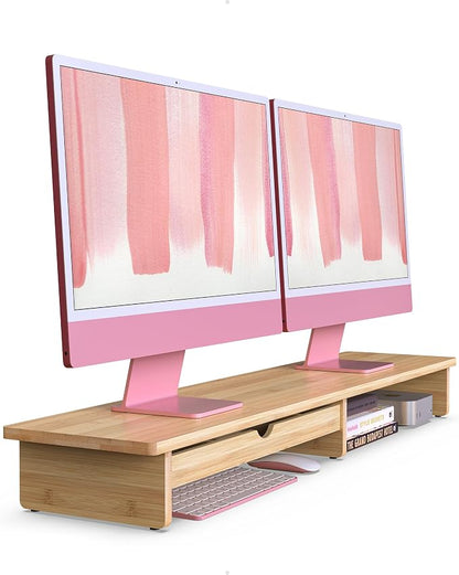 42” Monitor Stand with Large Drawer Keyboard Storage, Bamboo | Dual Computer by WELLWENG