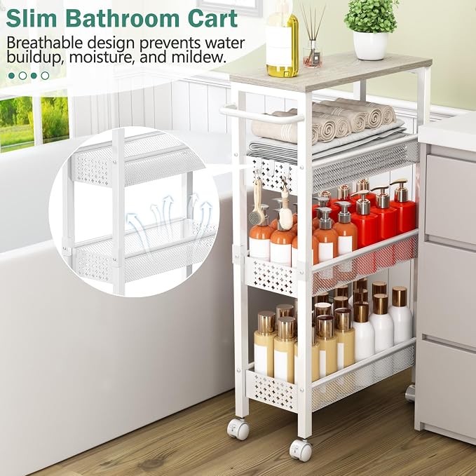 Utility Slim Storage Cart, 4 Tier Small Rolling Kitchen Laundry Room Cart - Image 3