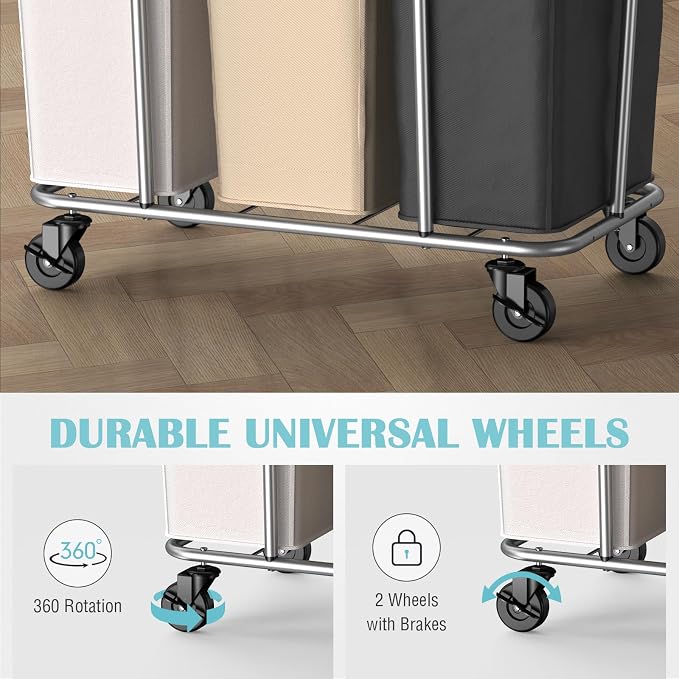 PLKOW Laundry Sorter 3 Section, 220L Large Laundry Cart - Image 4