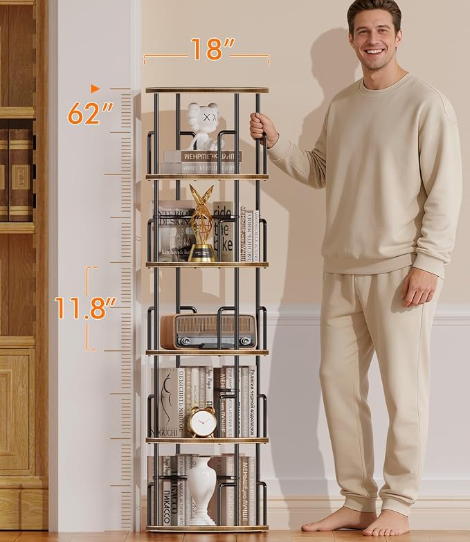 5 Tier Rotating Bookshelf Tower Round, Tall Floor Standing Spinning Bookshelf - Image 2