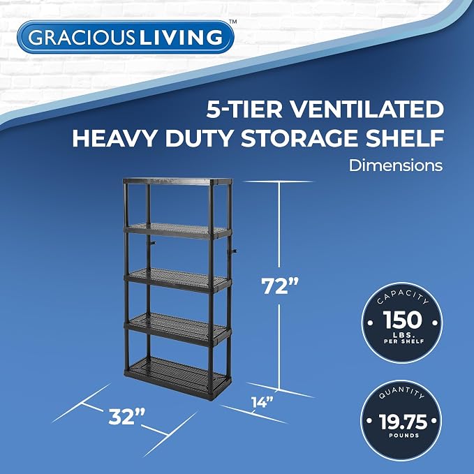 Gracious Living 5-Shelf Plastic Storage Shelves, Heavy-Duty Garage Shelving Unit - Image 3