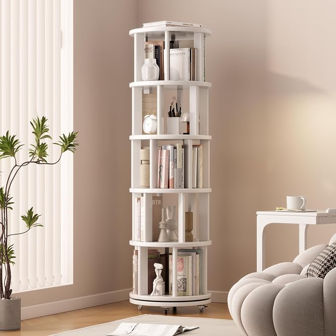 Solid Wood Rotating Bookshelf on Wheels, 5 Tier, Round Revolving Bookcase by Muwuele