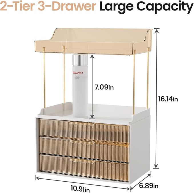 Delamu Bathroom Organizers and Storage, 2 Tier 3 Drawer Makeup Organizer - Image 2