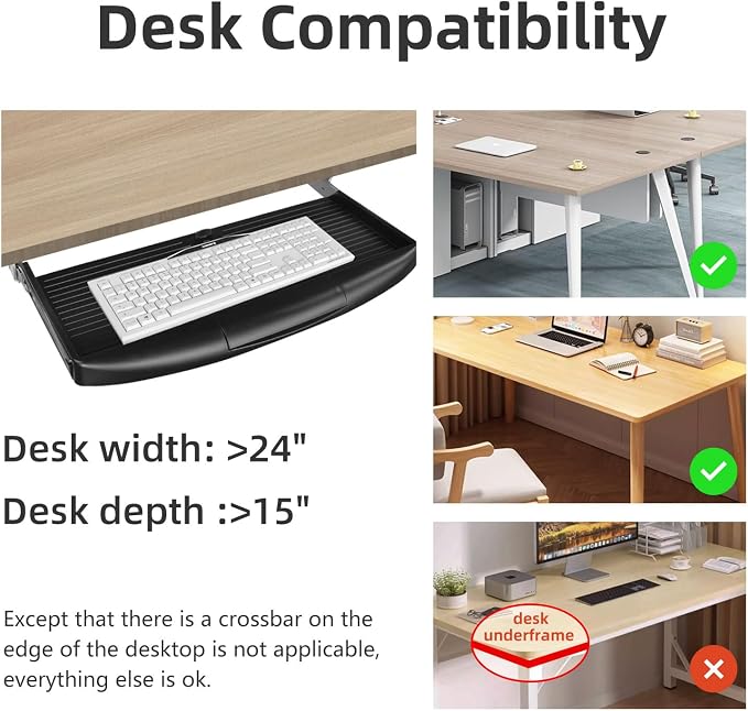 22"Wx11"D Under Desk Keyboard Tray Slide Out, Pull Out Keyboard Tray - Image 5