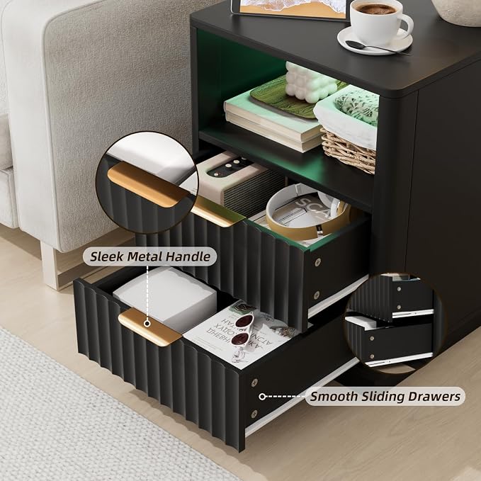 VOWNER Fluted Nightstand with Charging Station, 18” RGB Night Stand with 2 - Image 6