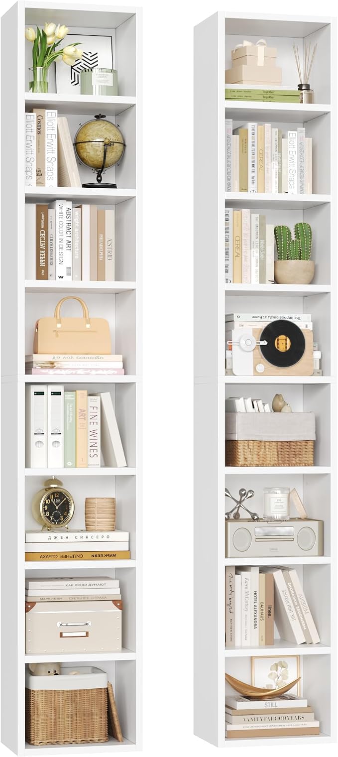 FOTOSOK 2 Pcs 71'' Tall Narrow Bookshelf, 8-Tier Media Tower Rack Set of 2 | CD by FOTOSOK