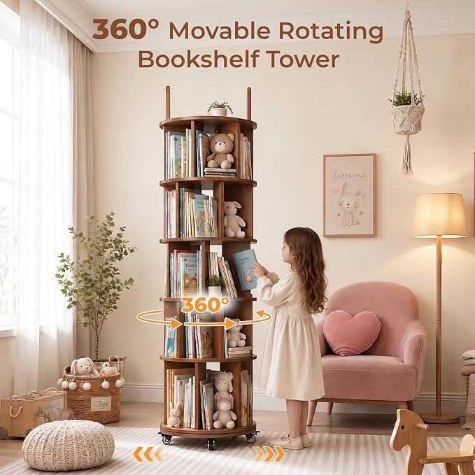 Kryonix 5 Tier Solid Wood Rotating Bookshelf on Wheels, Spinning Bookcase | - Image 3