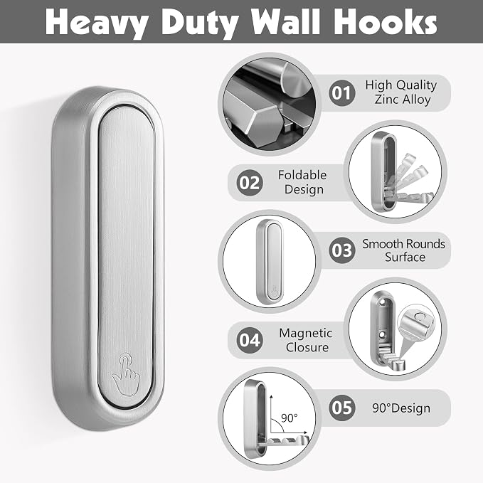 Foldable Wall Hook, 4 Pack, Screw Mounted, Heavy Duty Coat Hooks | 90° Foldable - Image 4