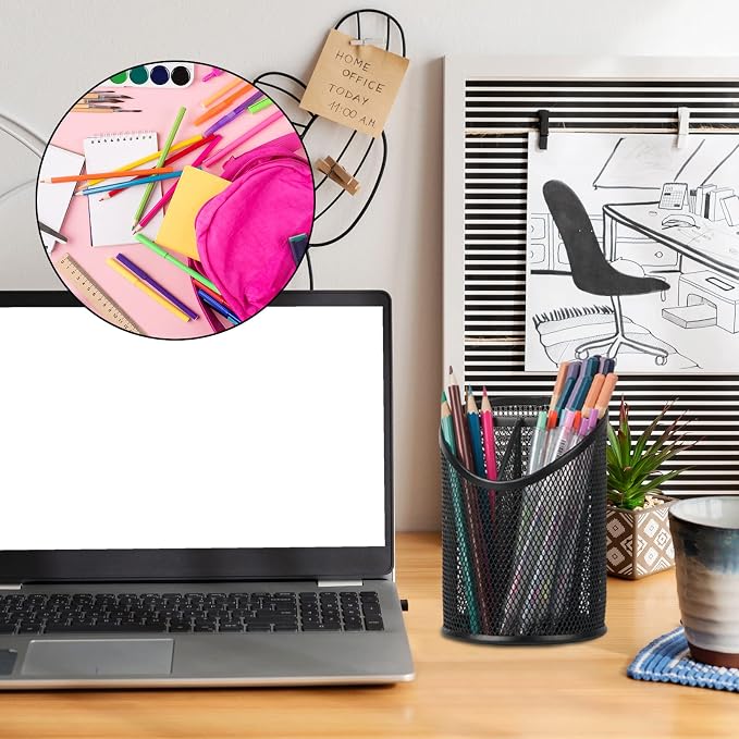 2 Pack Pen Holder Mesh Round Pencil Holder Desktop Organizer 3 Compartments - Image 5