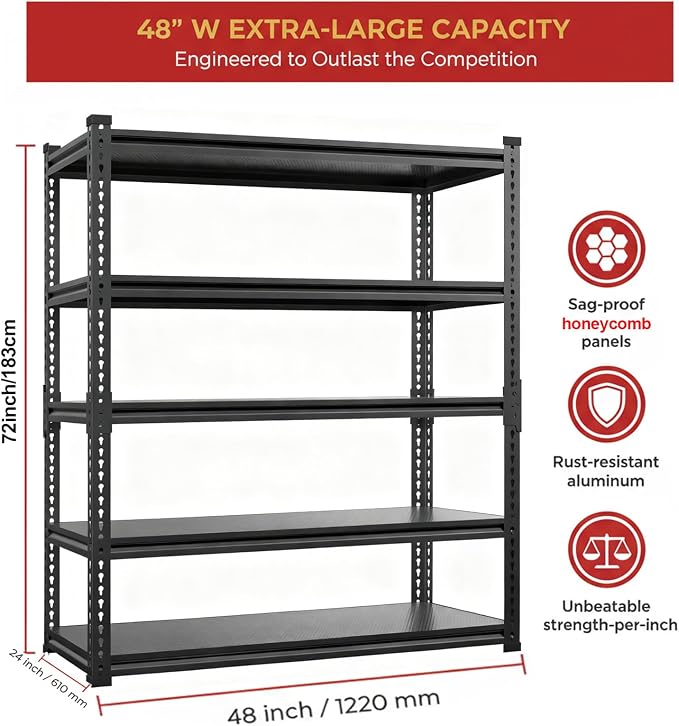 Heavy Duty Garage Shelving, 5-Tier Storage Rack 3000LBS Capacity 48" W x 72" H - Image 2