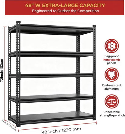 Heavy Duty Garage Shelving, 5-Tier Storage Rack 3000LBS Capacity 48" W x 72" H - Image 2