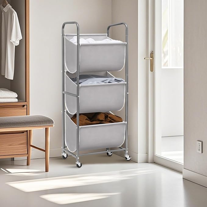 STORAGE MANIAC 120 Liters Vertical Rolling Laundry Hamper, 3 Section Laundry - Image 7