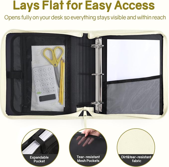 SUNEE Zippered Binder Bag with Handle, 2-Inch 3-Ring O-Ring, 500-Sheet Capacity - Image 4