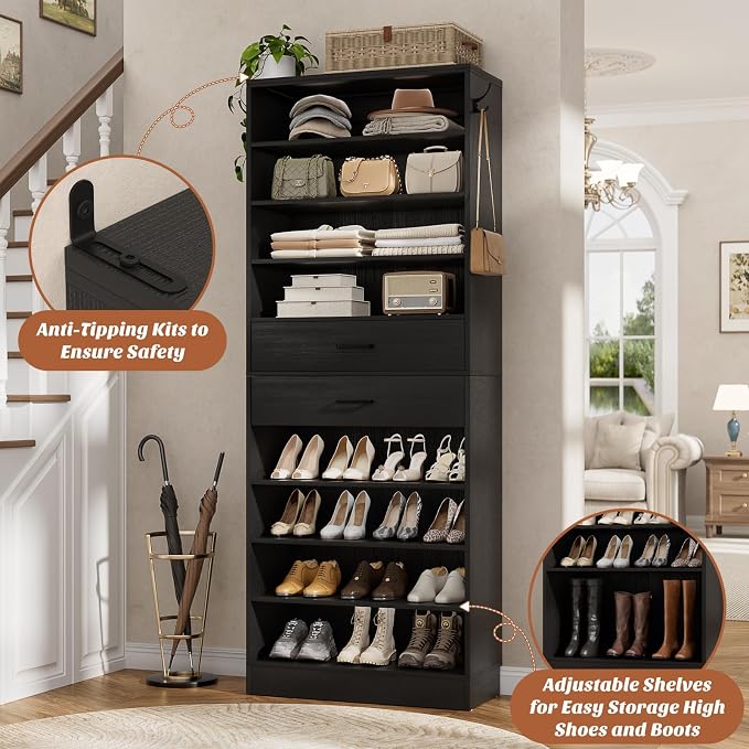 Aheaplus Tall Shoe Cabinet, 10 Tiers Wood Shoe Rack, Vertical Shoe Storage - Image 3