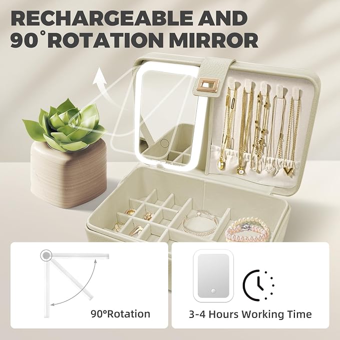 LED Jewelry Box with Mirror- Jewelry Organizer with Movable Compartment Pieces - Image 4