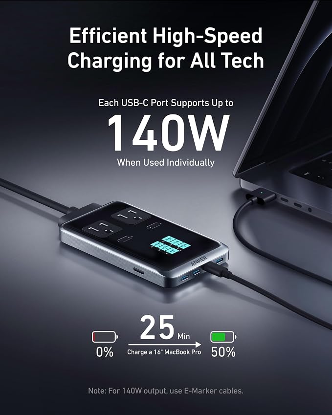 Anker Prime Charging Station, 240W 8-in-1 Power Strip, 2 AC, 4 USB C | 2USB A - Image 4