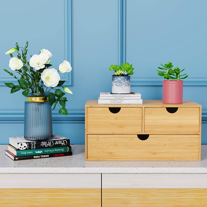 Bamboo Desk Organizer with Drawers, 3-Drawer Desktop Storage Box | 3 Drawers - Image 2