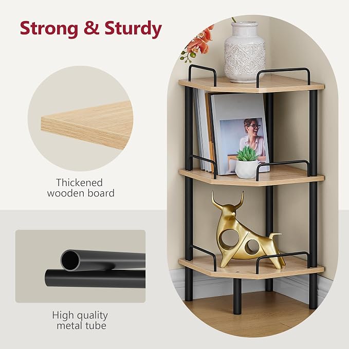 Tajsoon 3 Tier Corner Shelf Stand, Standing Corner Shelf Unit, Natural | Small - Image 7