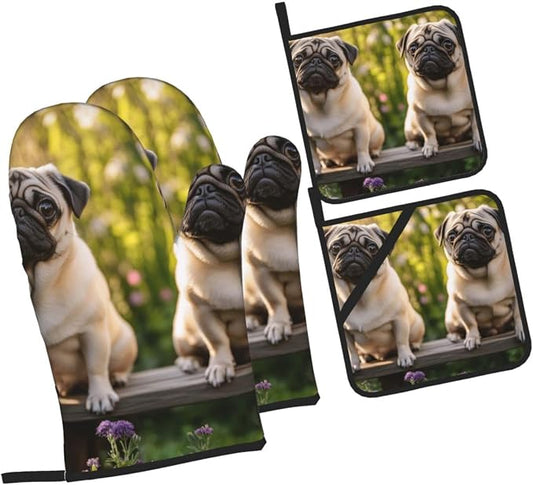 Oven Mitts and Pot Holders Sets of 4 Pugs in The Garden Oven Mitts 4 Pcs Heat by Unknown