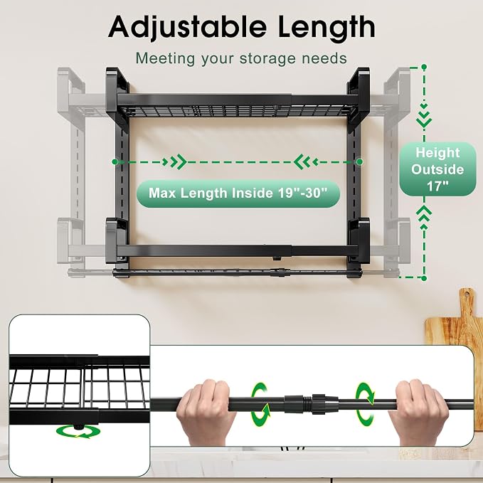 19"- 30" Expandable Hanging Pot Rack, 2 Tier Heavy Duty Wall Mounted Pots and - Image 2