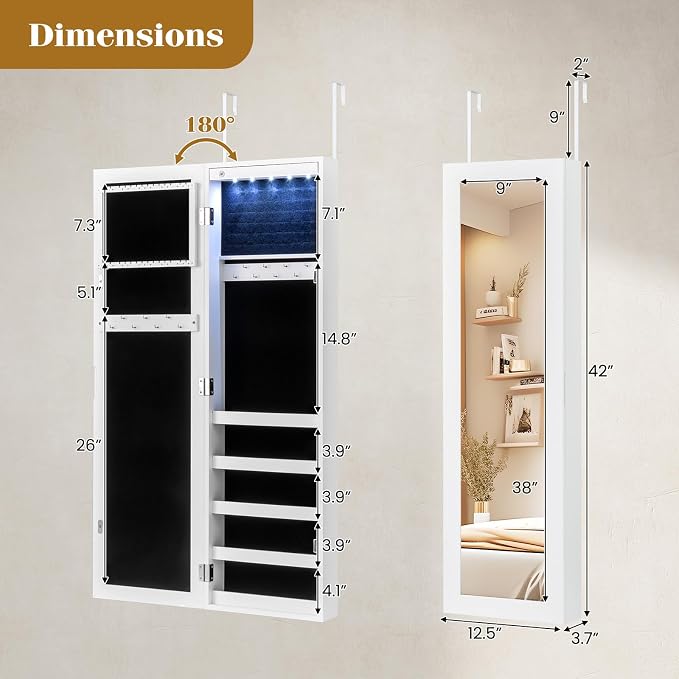 5 LEDs Mirrored Jewelry Cabinet Wall Mounted or Door Hanging, 42” Jewelry Box - Image 5