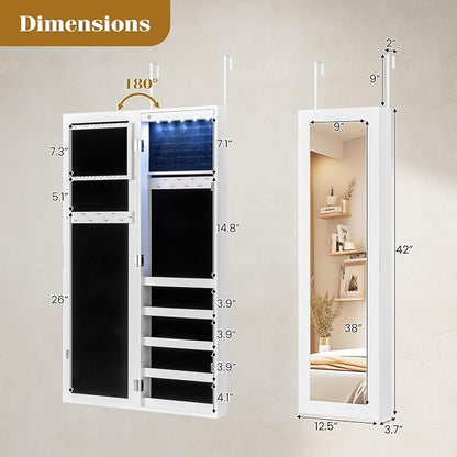 5 LEDs Mirrored Jewelry Cabinet Wall Mounted or Door Hanging, 42” Jewelry Box - Image 5