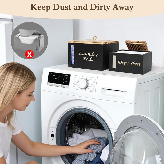 2 Pcs Wood Laundry Pods Container & Dryer Sheet Holder, Solid Pine Laundry - Image 8