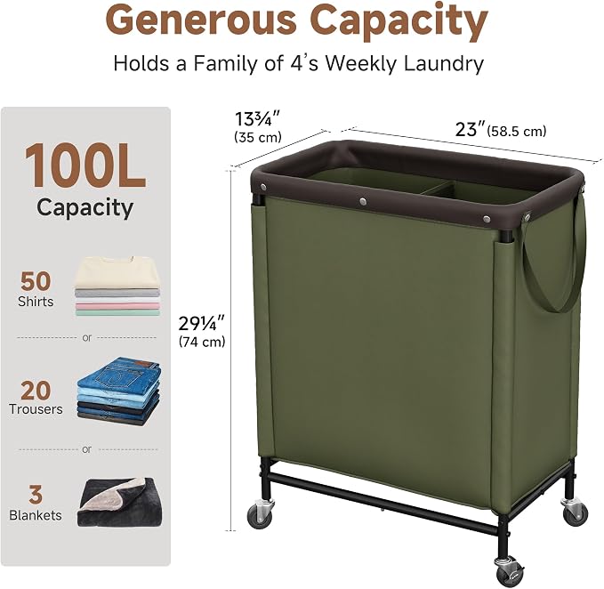 StorageWorks Laundry Hamper 2 Section, 100L Rolling Laundry Sorter Cart - Image 3