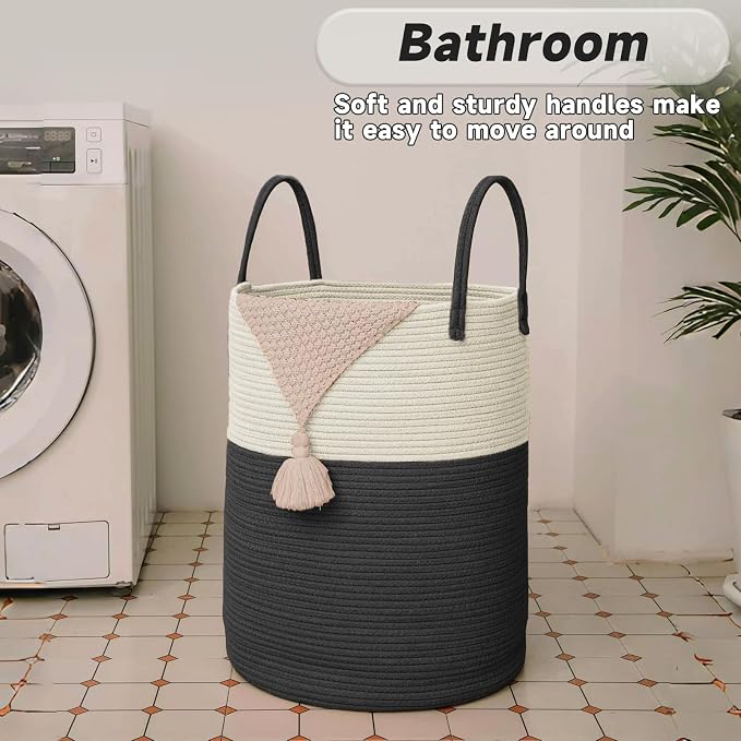Large Woven Laundry Basket Hamper, 100L Cotton Rope Storage Bin - Image 5