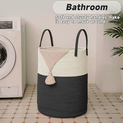 Large Woven Laundry Basket Hamper, 100L Cotton Rope Storage Bin - Image 5