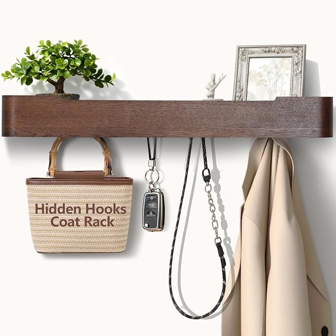 Coat Rack Wall Mount with Hidden Hooks Modern Key Holder Wood Entryway Hook by Jadoxy