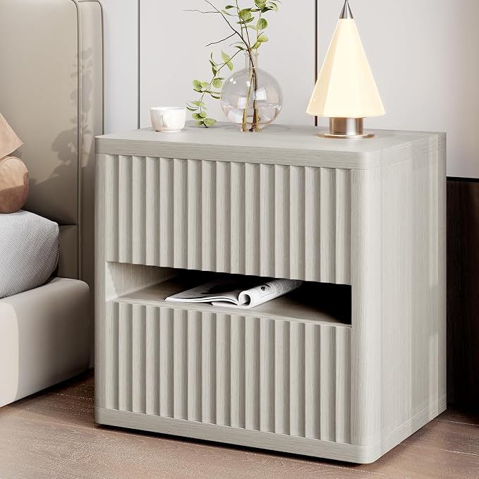 Dripex Fluted Nightstand with 2 Drawers, Large Wide Wood Night Stand Bedside by Dripex