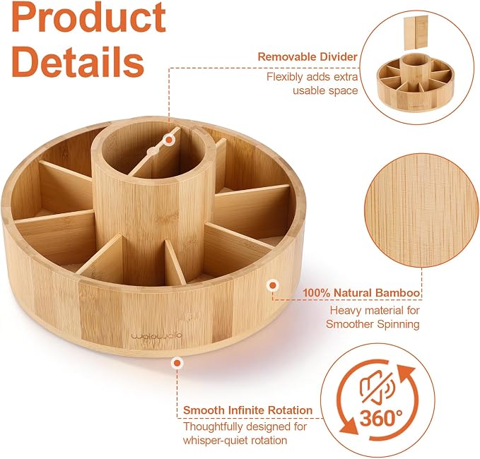 Marker Organizer Rotating Bamboo Desk Organizer, Silent 360° Rotation Caddy - Image 3