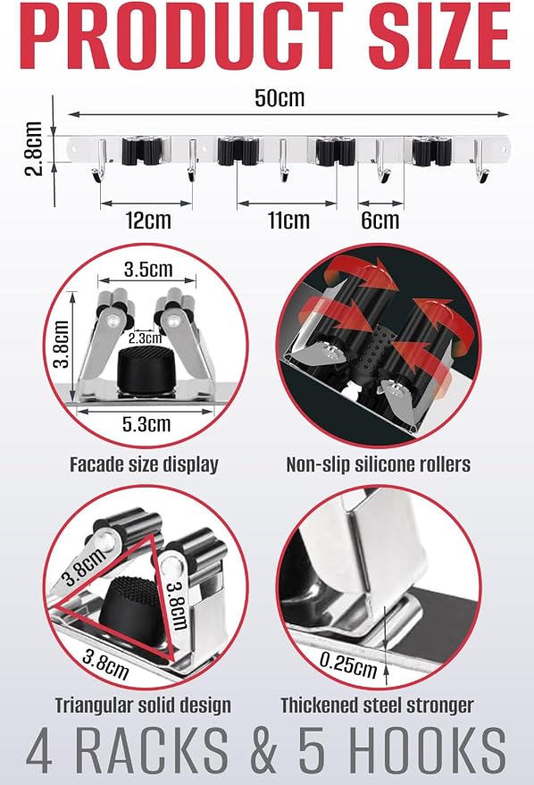The Good Stuff Heavy Duty Mop and Broom Holder Wall Mount – Stainless Steel - Image 3