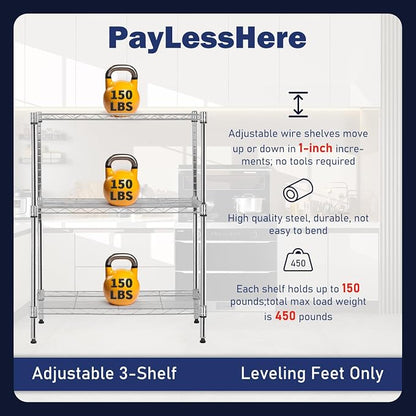 PayLessHere | 3-Tier Wire Shelf | 23"x13"x30" | Chrome | Adjustable Racks | - Image 7