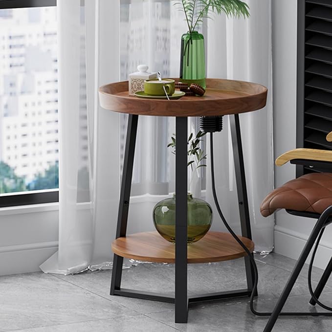 Gadroad Round End Table with Charging Station, USB Ports, Wood Tabletop & Black - Image 9