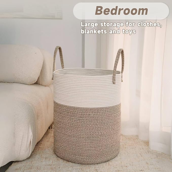 Large Woven Laundry Basket Hamper, 80L Cotton Rope Storage Bin - Image 4