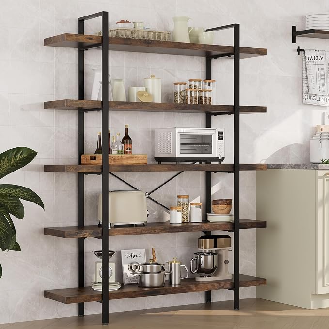 Heavy Duty 5-Tier Industrial Bookcase, 120lbs Shelf Capacity, Rustic Open - Image 7