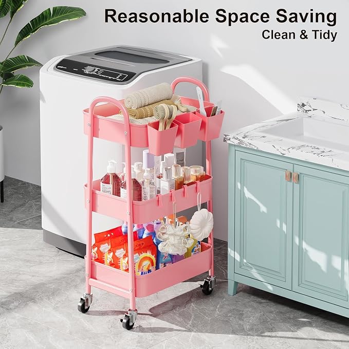 3 Tier Metal Rolling Cart with Lockable Wheels and Handle, Three Tiered Pink - Image 4